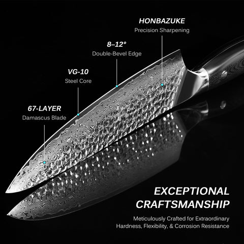 KYOKU Shogun-style hammered Damascus blade enhances grip and aesthetics during prep.