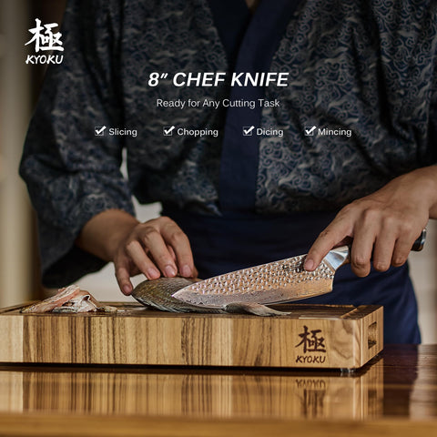 KYOKU Chef Knife 8-Inch VG10 Damascus edge for clean, effortless cuts.