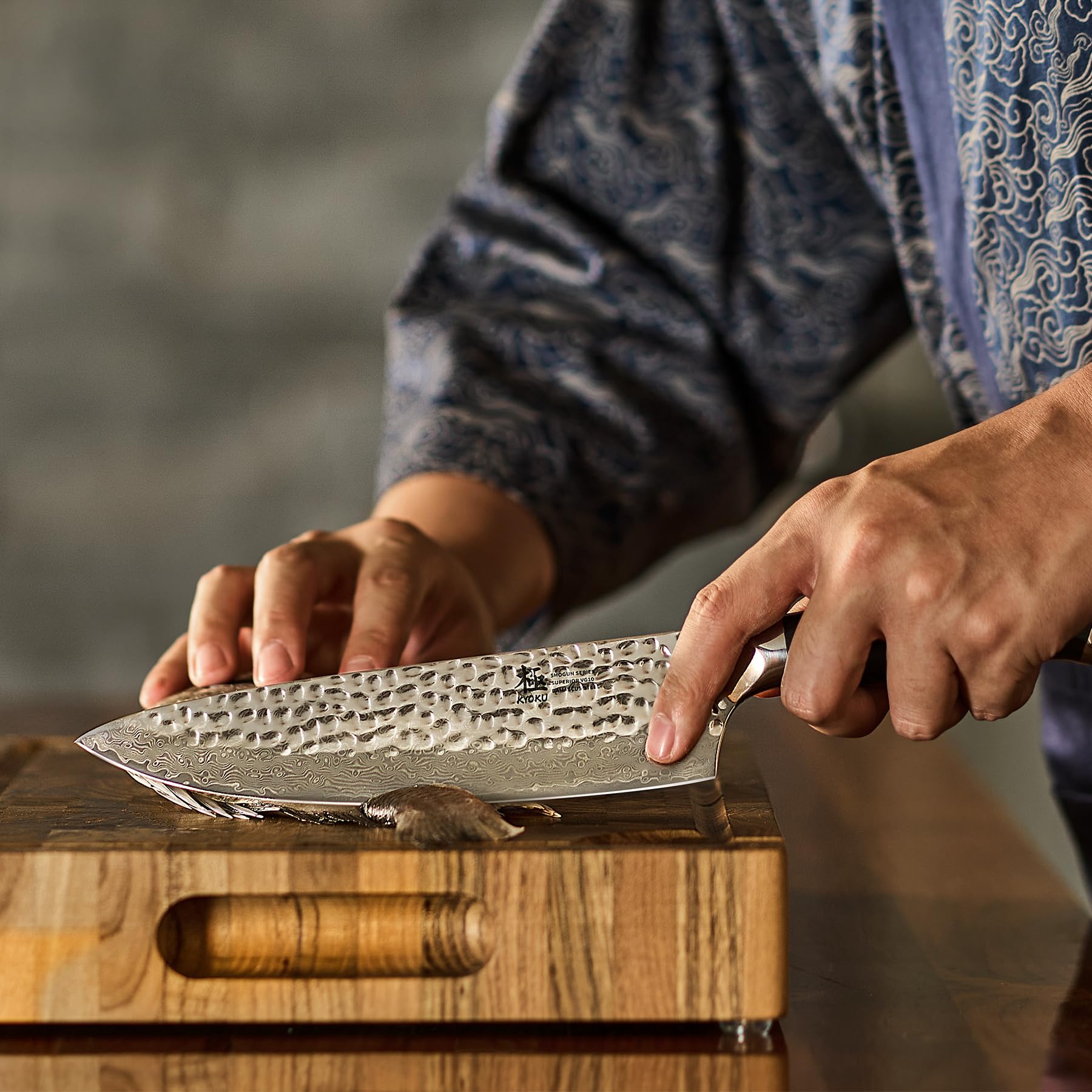 KYOKU cryogenically treated VG10 Damascus blade maintains sharpness over time.