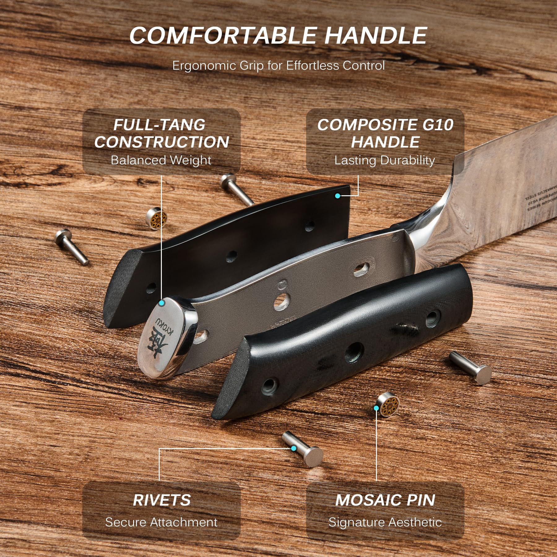 KYOKU Chef Knife ergonomic balance design supports fatigue-free slicing.
