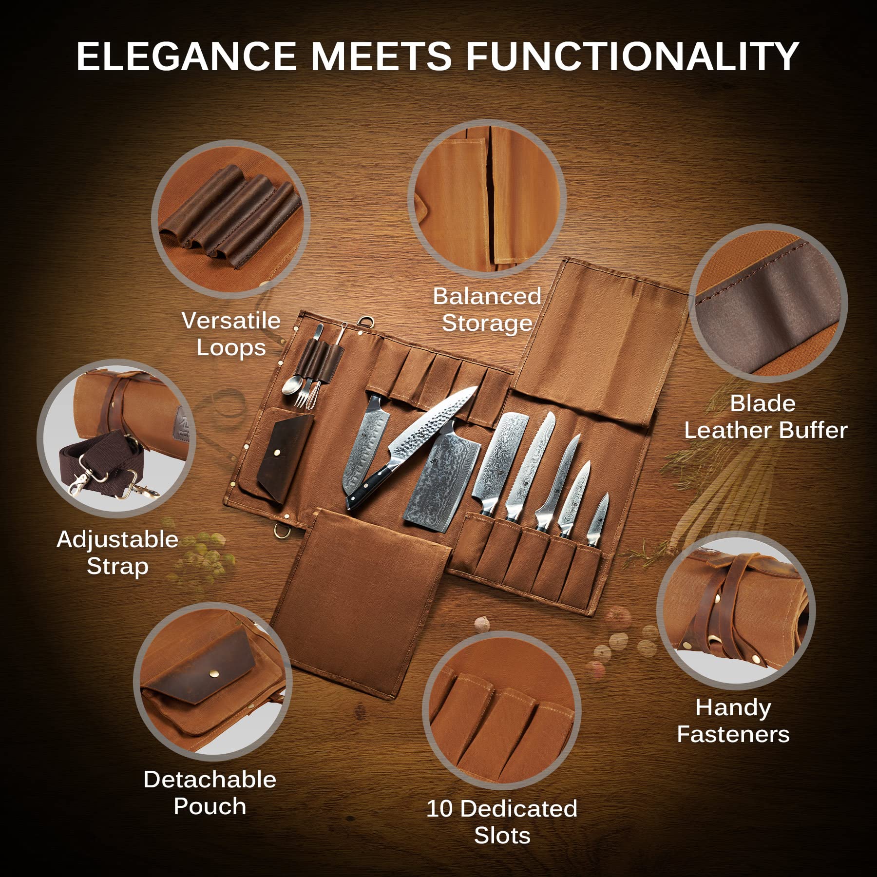 KYOKU knife roll bag slots and pocket emphasize secure transport of knives and tools