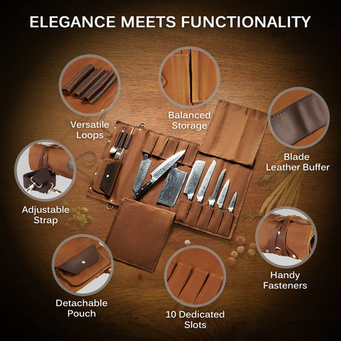 KYOKU knife roll bag slots and pocket emphasize secure transport of knives and tools