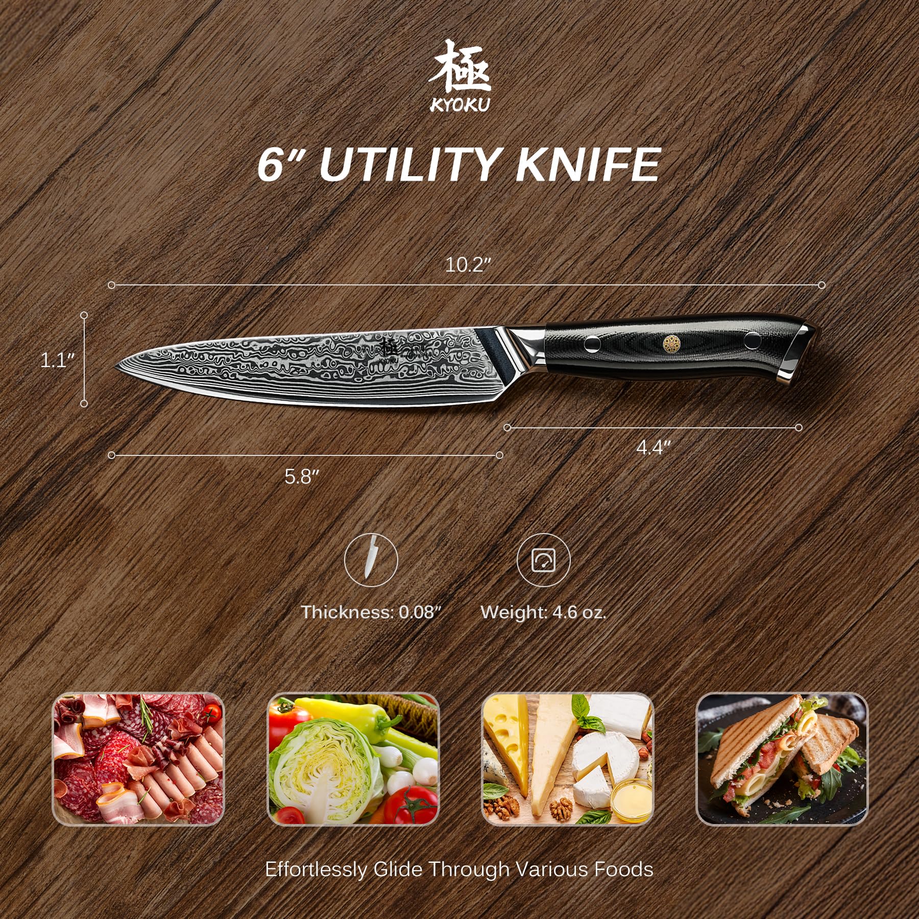KYOKU hammer-beaten tang base adds style and reduces sticking during prep.