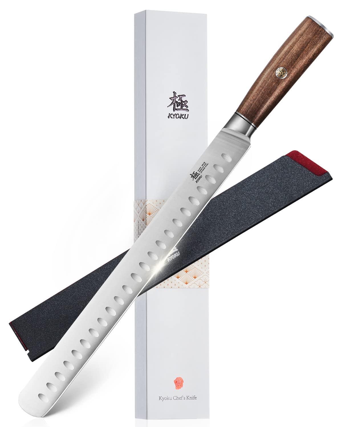KYOKU Daimyo 12-inch slicing knife with rosewood handle, ideal for precise meat carving.