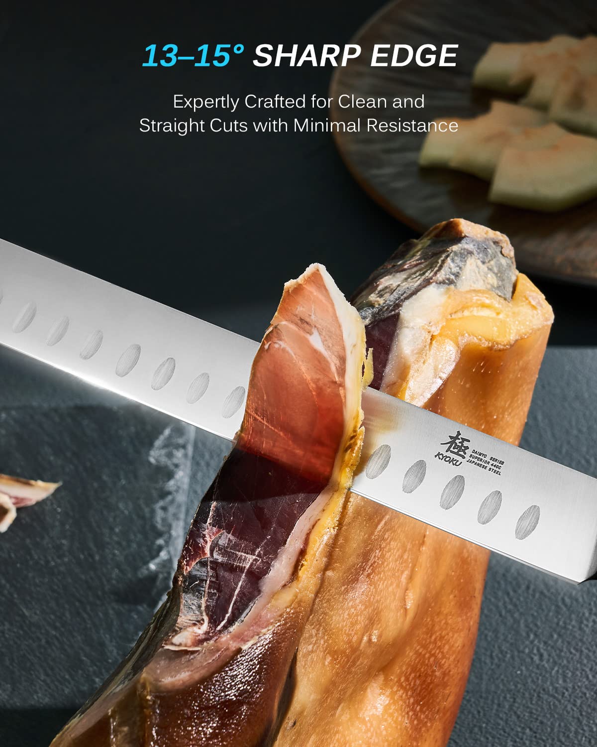 KYOKU Daimyo 12-inch slicing knife with protective sheath for safe storage.