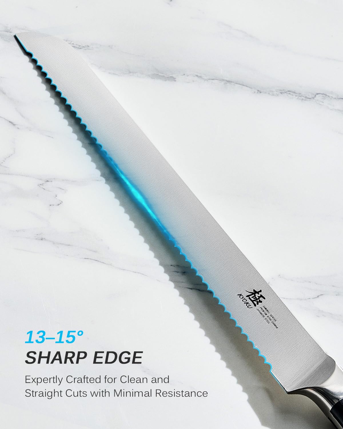 KYOKU high-carbon steel serrated blade for precise cuts.