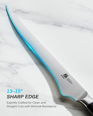 KYOKU pakkawood handle detail highlighting ergonomic grip and mosaic pin