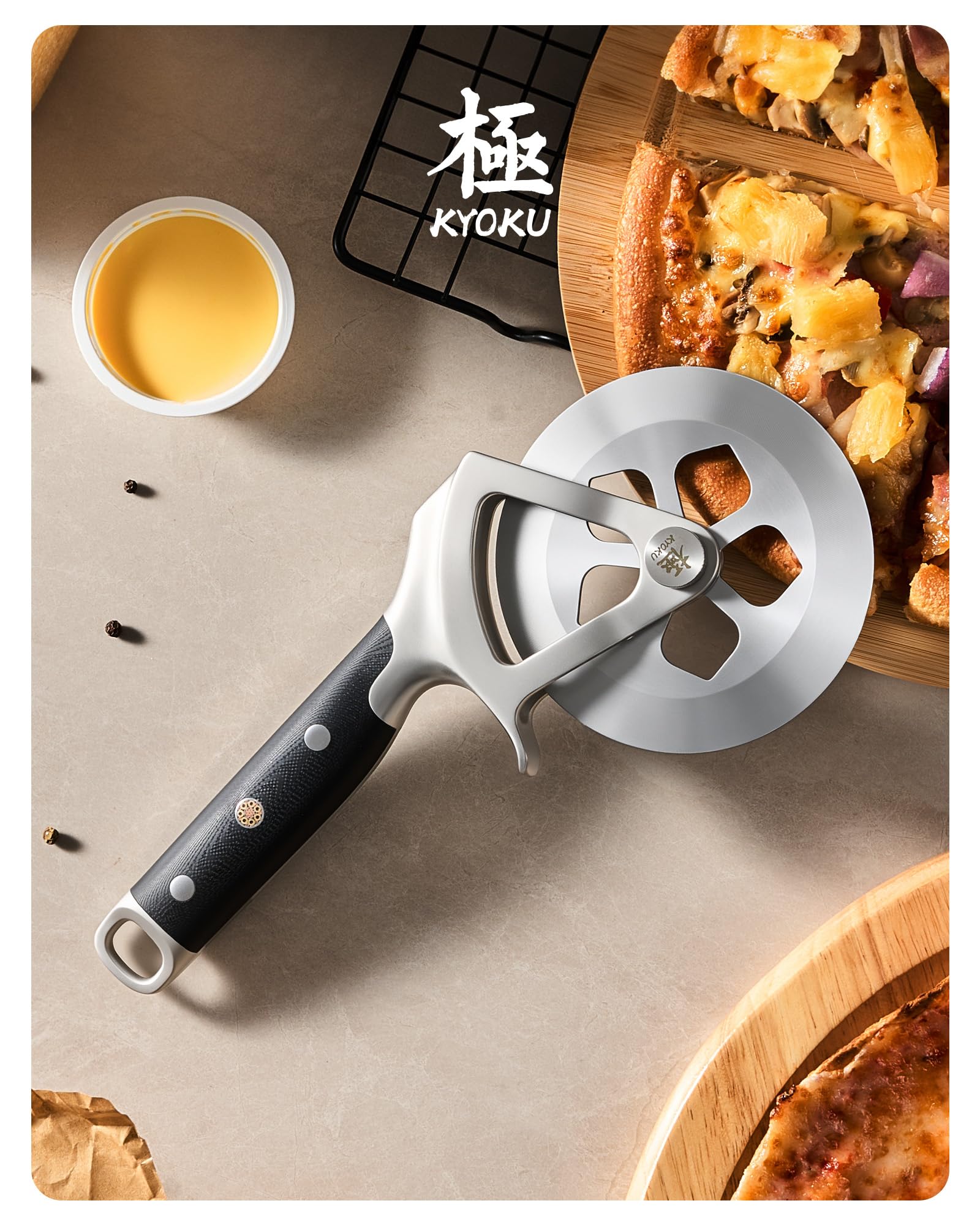KYOKU 4 in. pizza cutter suits busy home kitchens for long sessions.