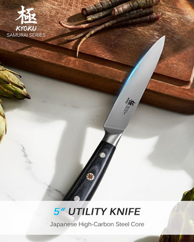 KYOKU Samurai 5-inch utility knife pakkawood handle with mosaic pin offers steady grip