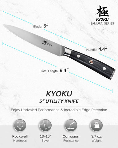 KYOKU Samurai 5-inch utility knife in use with vegetables and citrus demonstrates versatility