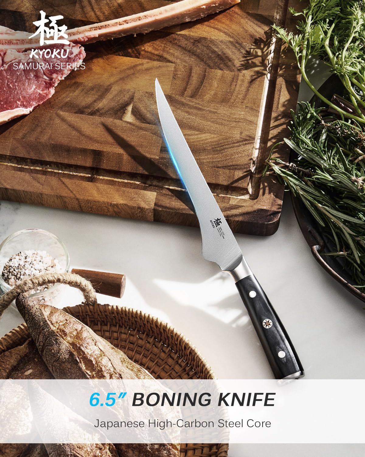 KYOKU Samurai Series 6.5-inch boning knife in use for deboning meat