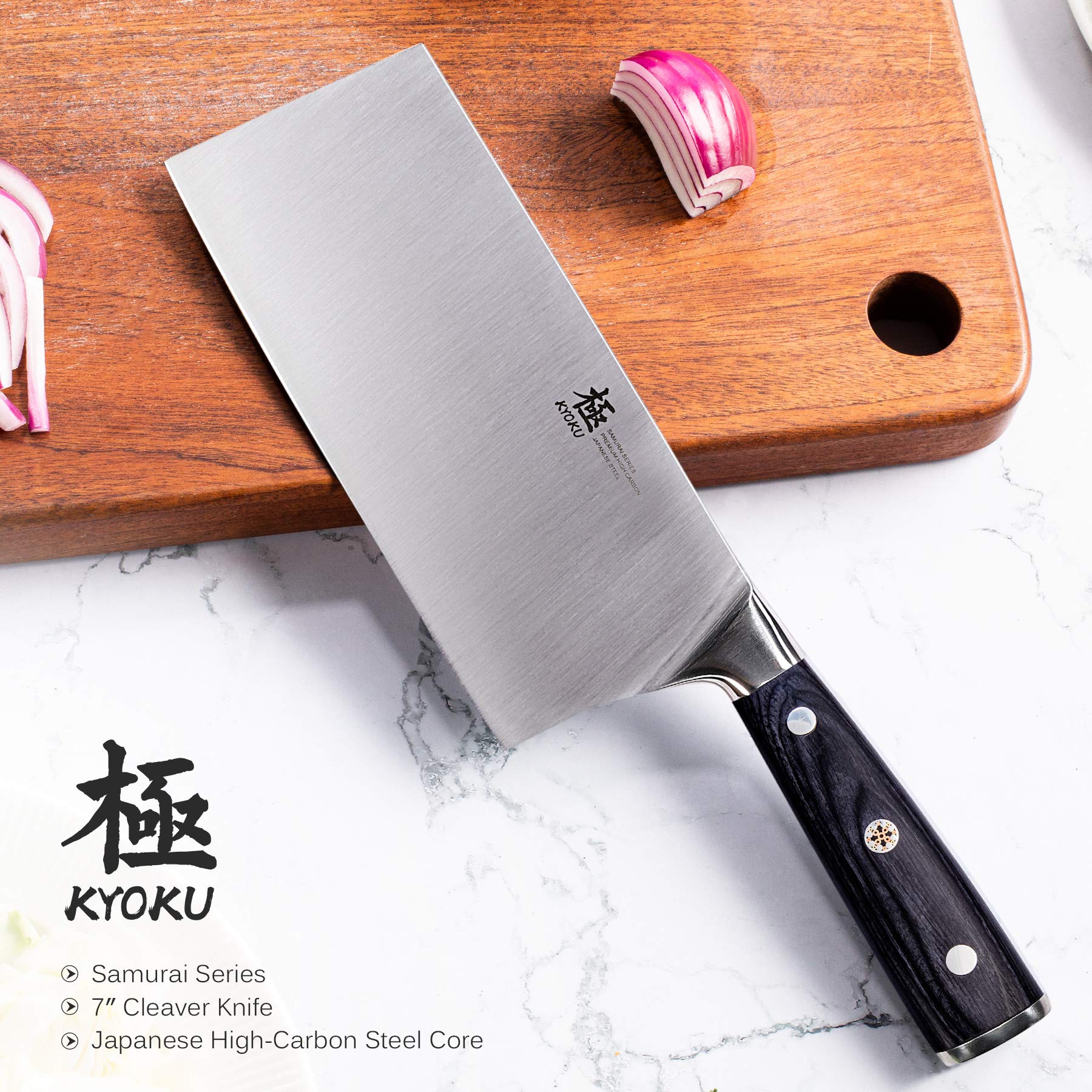 KYOKU Samurai cleaver handle detail with mosaic pin for durable, comfortable grip