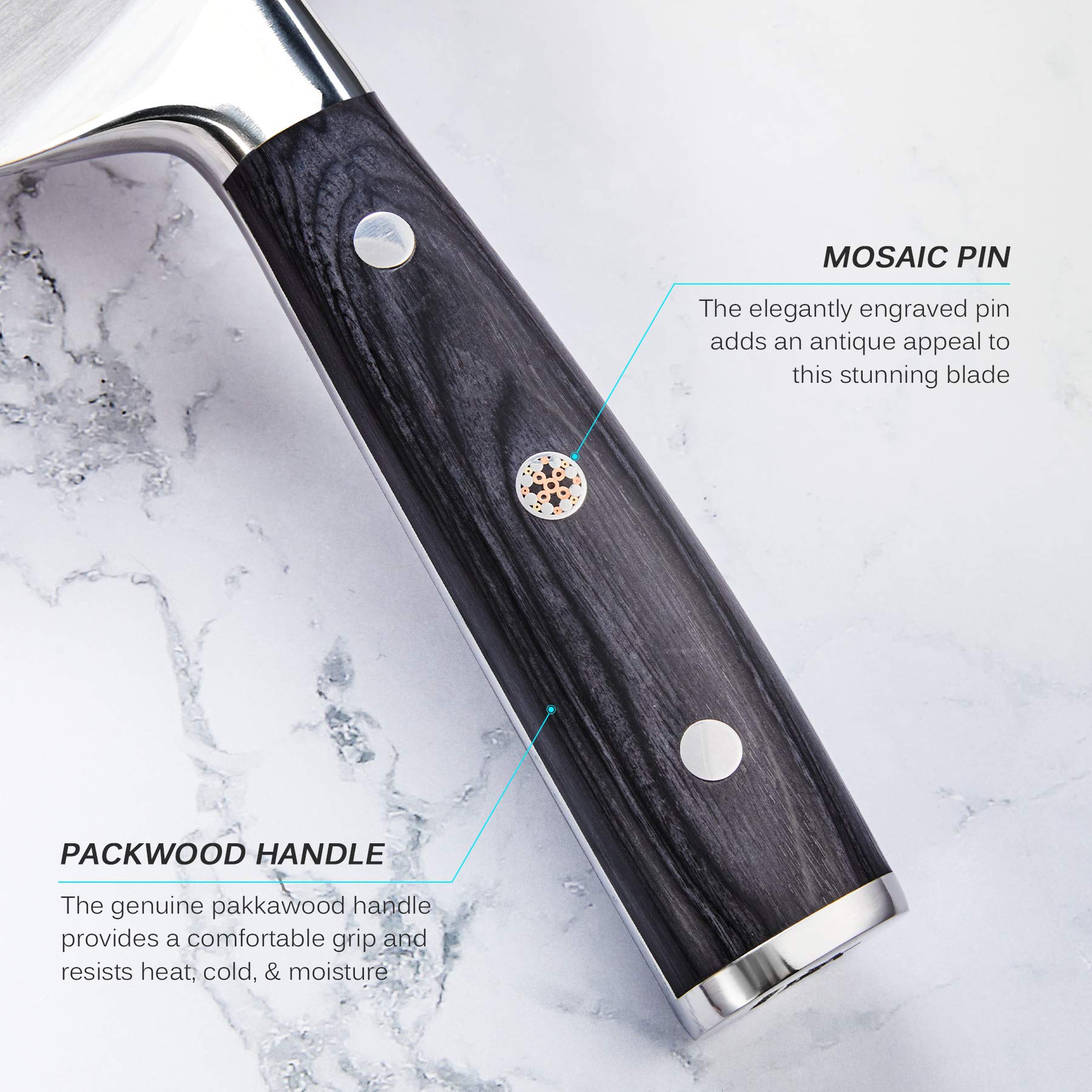 KYOKU Samurai cleaver wood handle mosaic pin demonstrates heat and moisture resistance