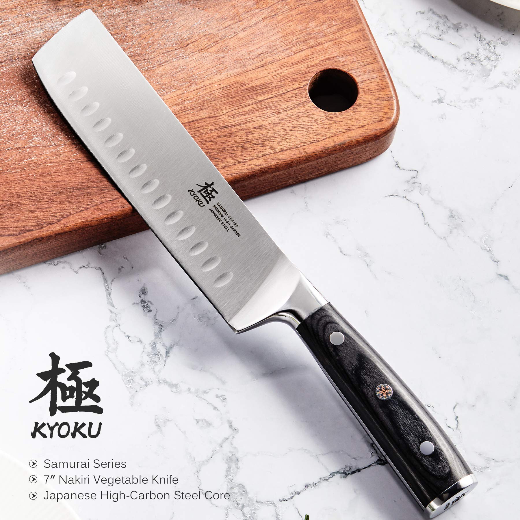 KYOKU Samurai Nakiri mosaic-pin handle close-up for comfortable grip during long prep.