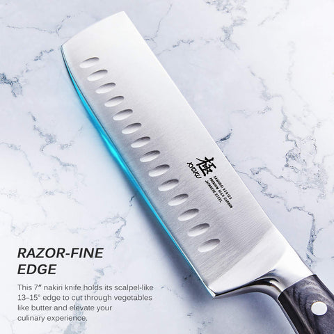 KYOKU Samurai Nakiri Pakkawood handle resists heat, cold, and moisture.