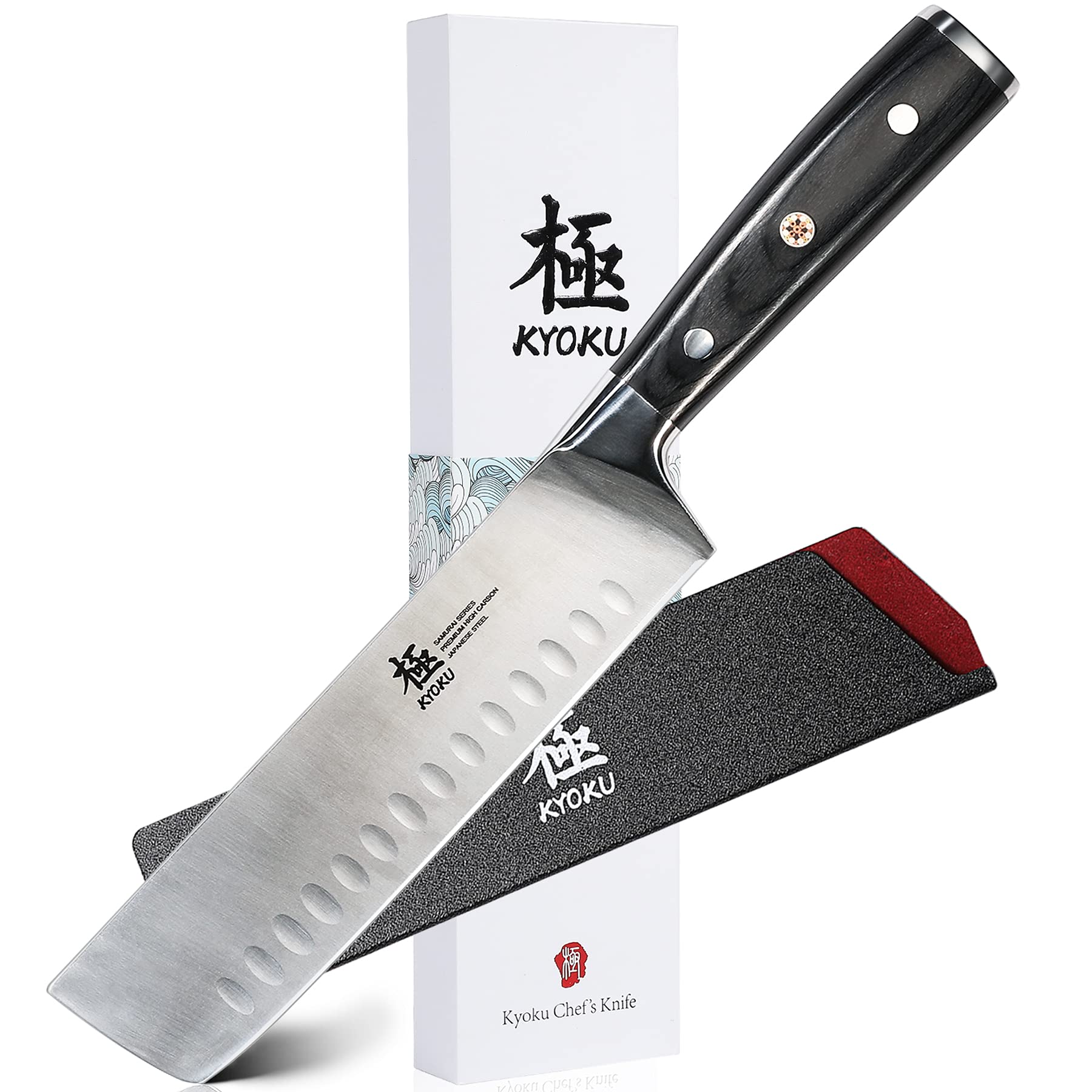KYOKU Samurai Nakiri seven-inch blade close-up, sharp edge for clean vegetable cuts.