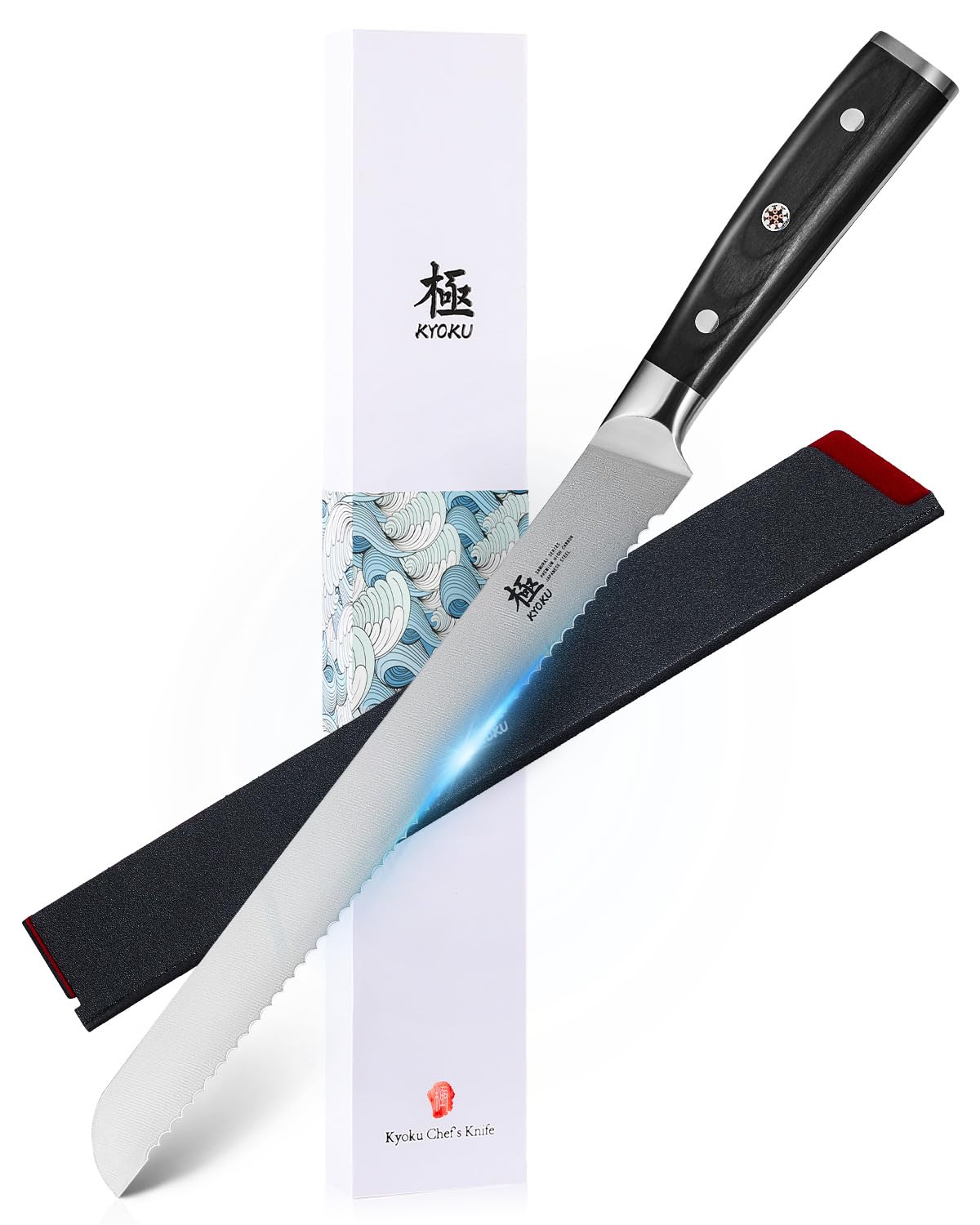 KYOKU Samurai Series 10-inch bread knife with serrated blade for effortless slicing.