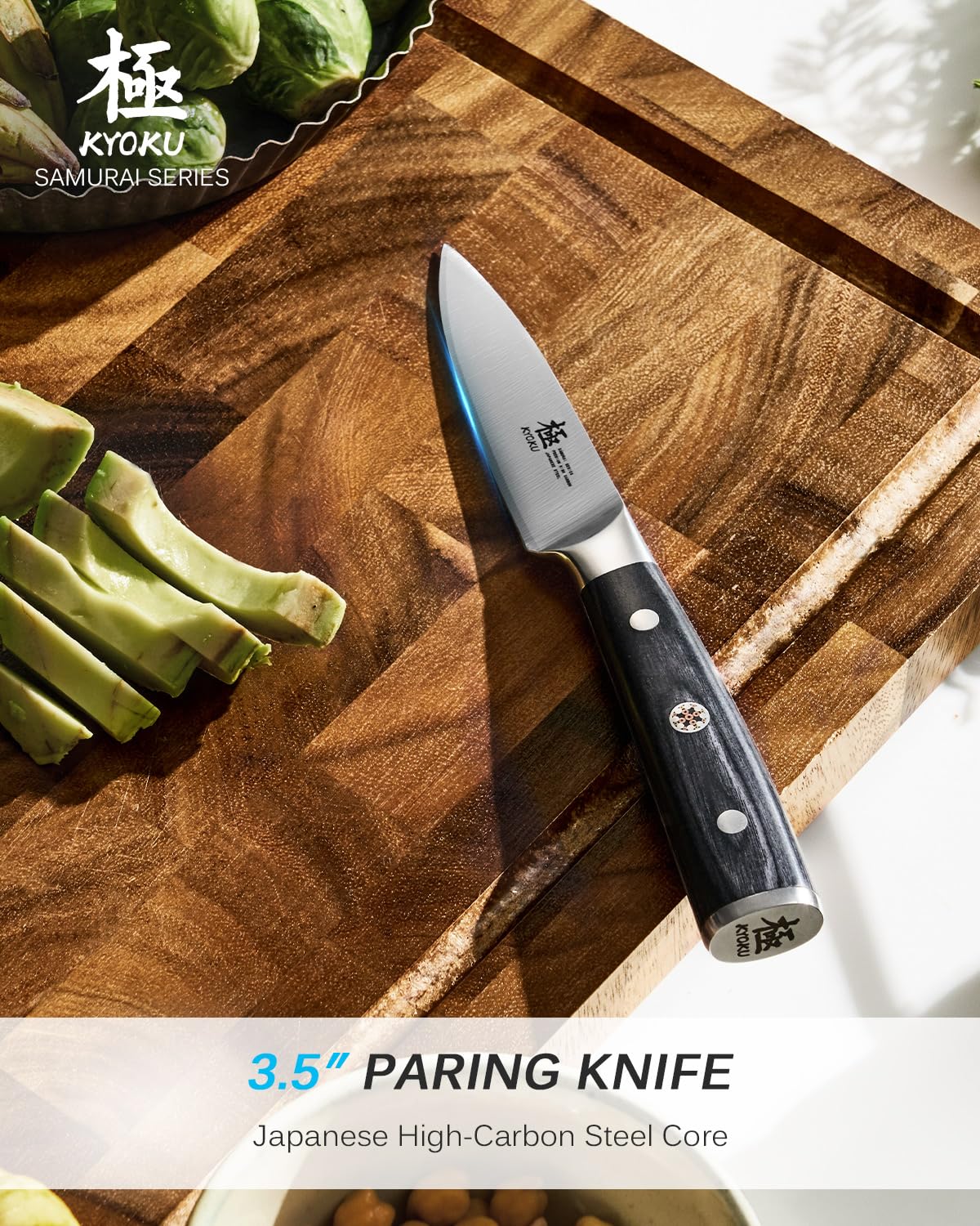 KYOKU 3.5-inch paring knife pakkawood handle provides ergonomic grip.
