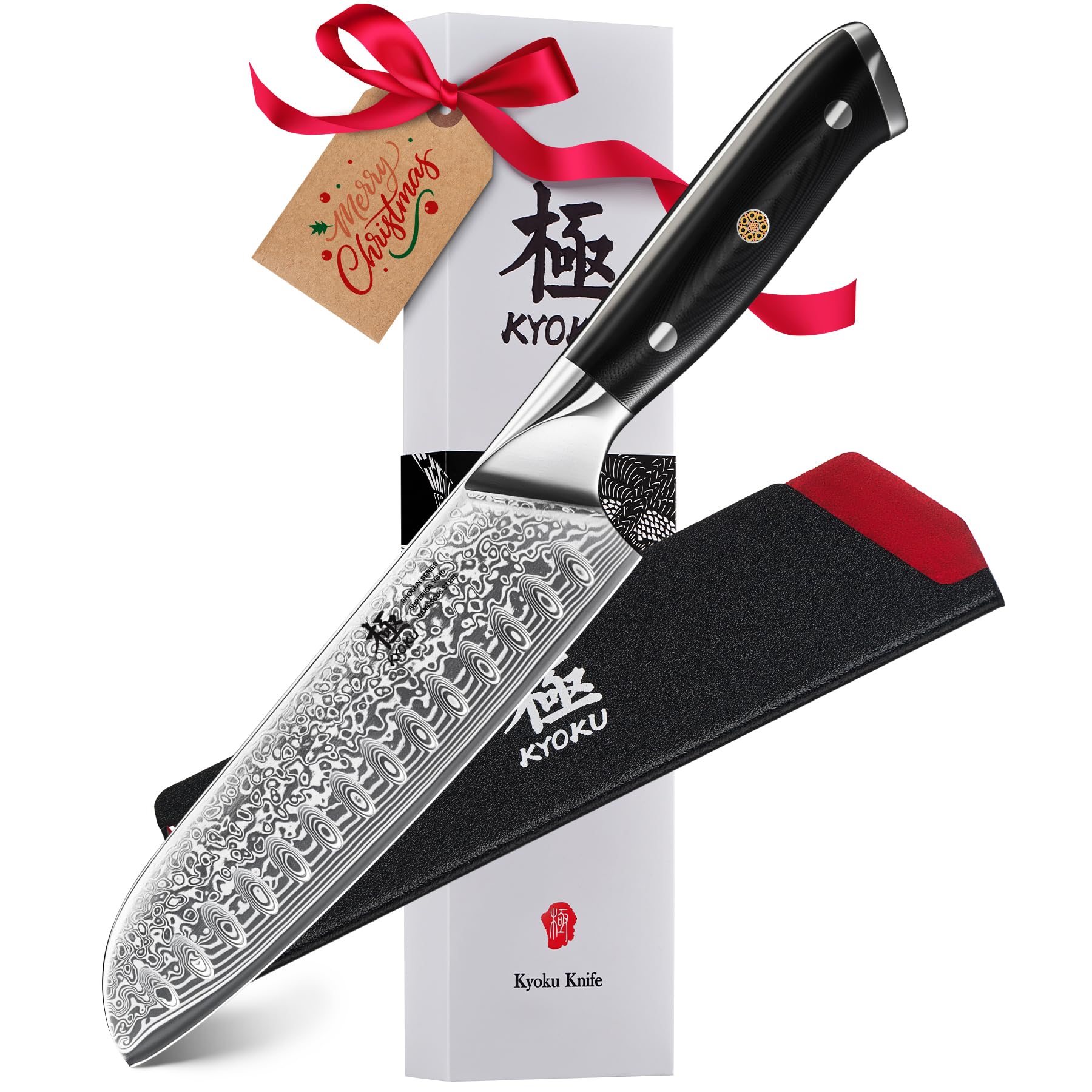 KYOKU Santoku knife with Damascus blade close-up highlighting sharp edge and finish