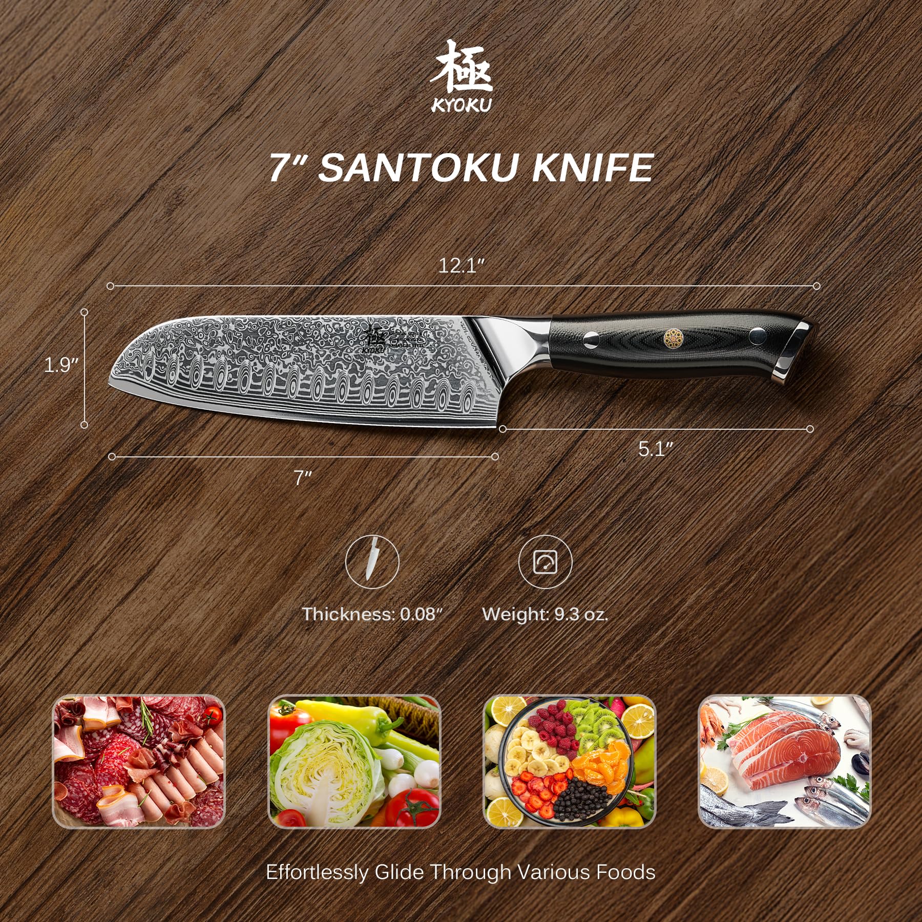 KYOKU Santoku knife blade close-up showing 7-inch profile and polish