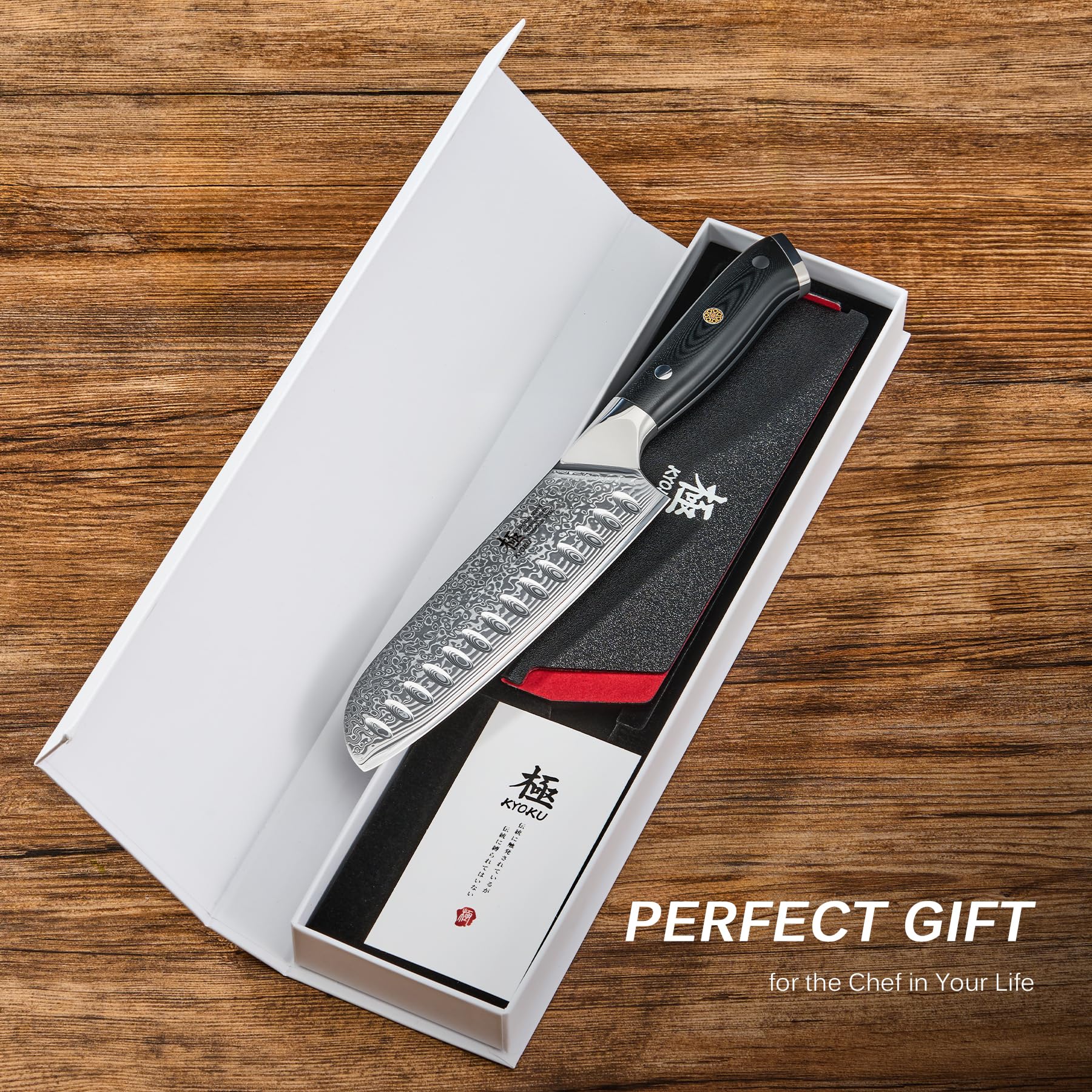 KYOKU Santoku knife slicing vegetables on a cutting board for precise prep