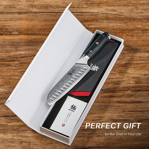 KYOKU Santoku knife slicing vegetables on a cutting board for precise prep