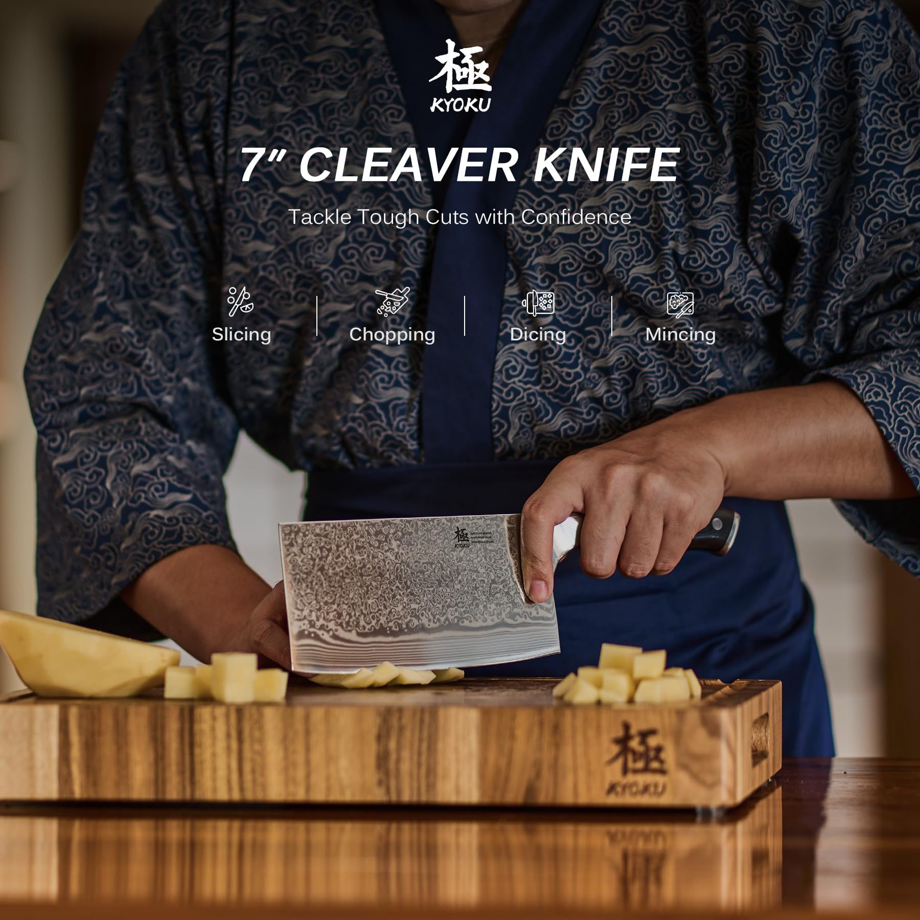 KYOKU Shogun Series 7-inch cleaver in action for versatile kitchen tasks