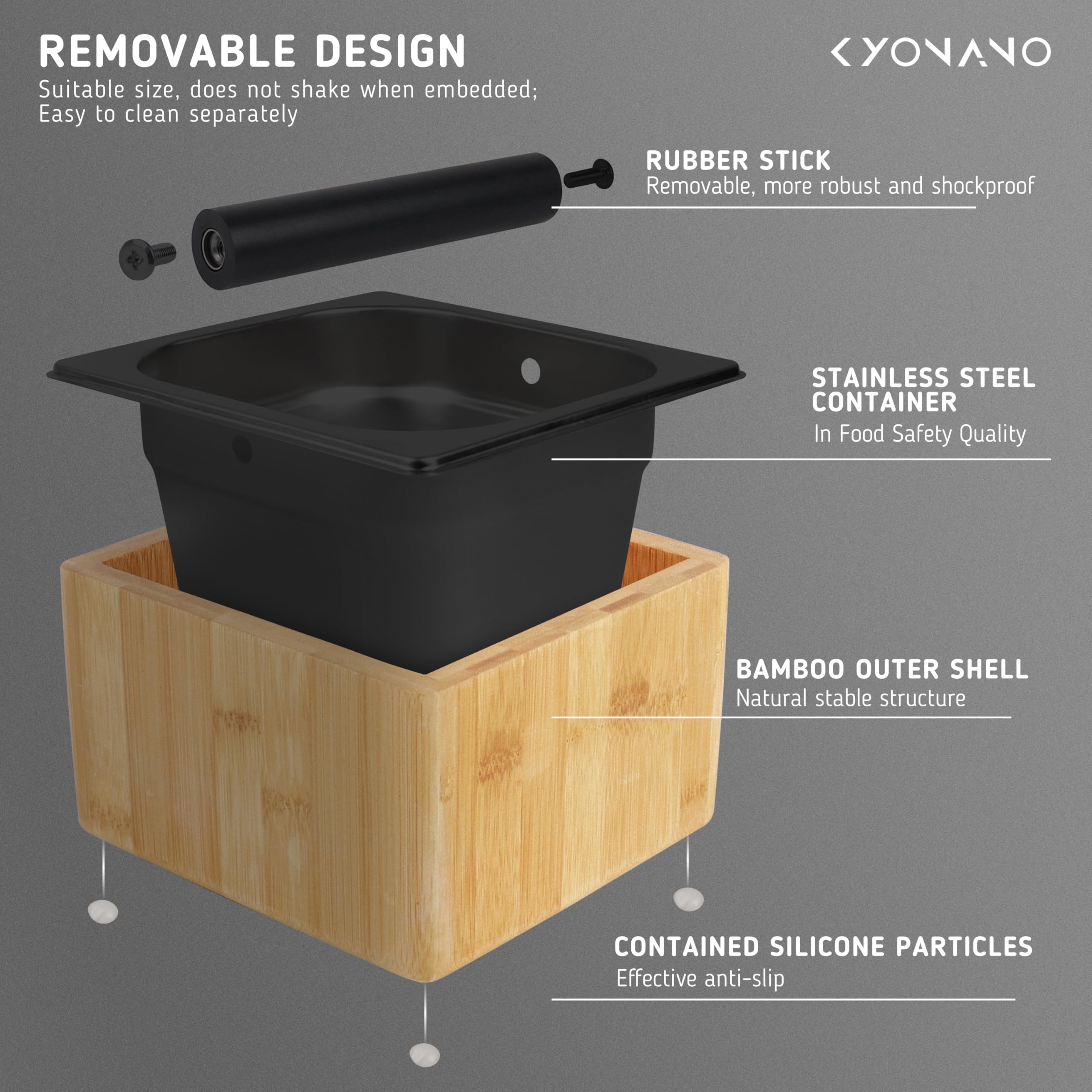 KYONANO knock box on non-slip base keeps counter safe.