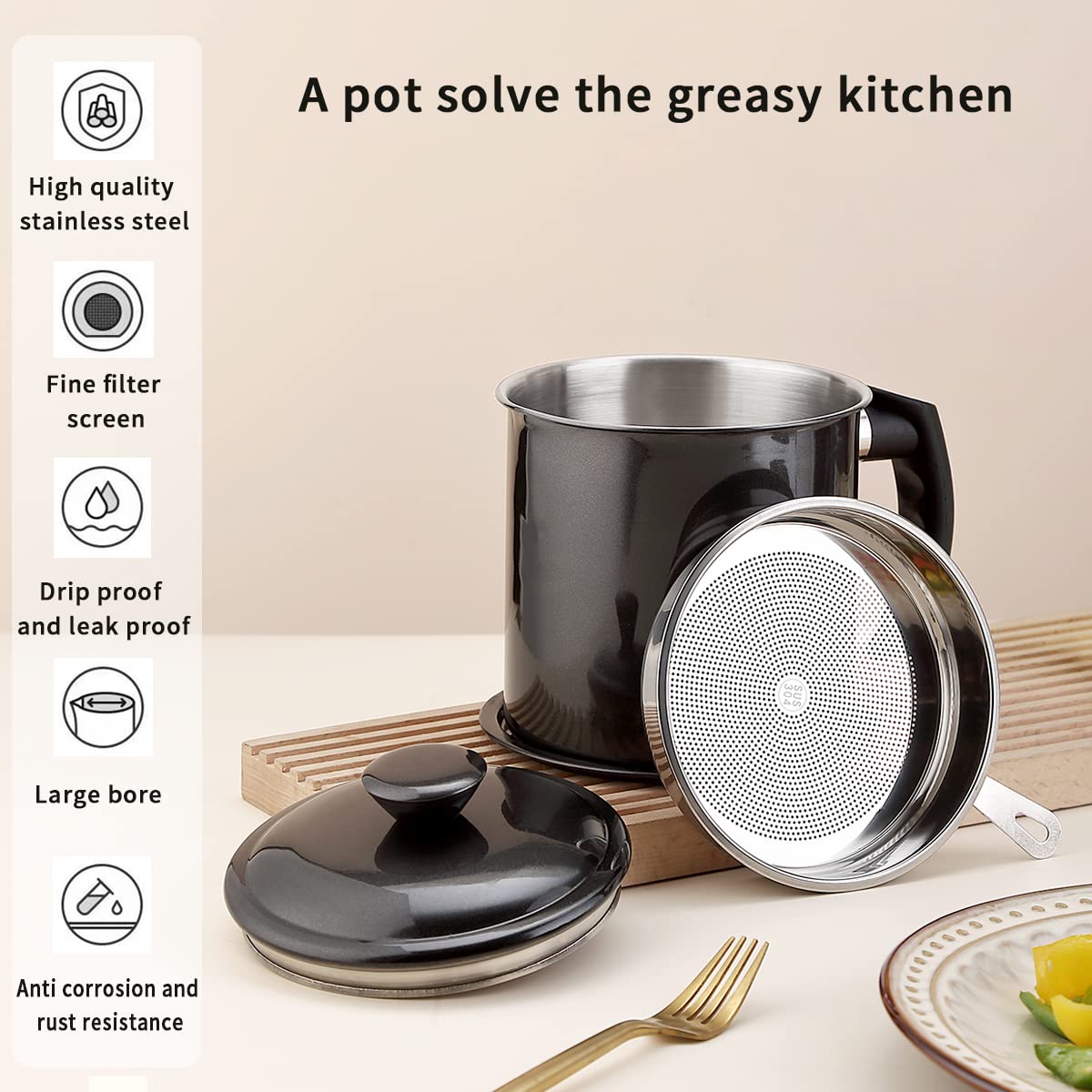 Kyraton bacon grease container capacity 1.4 liter for versatile storage.