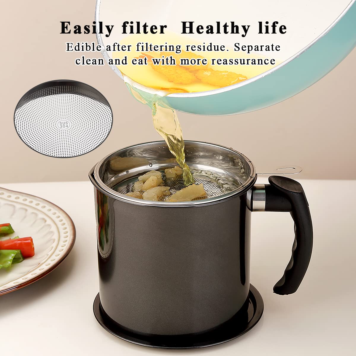 Kyraton bacon grease container dust-seal lid maintains hygiene and freshness.
