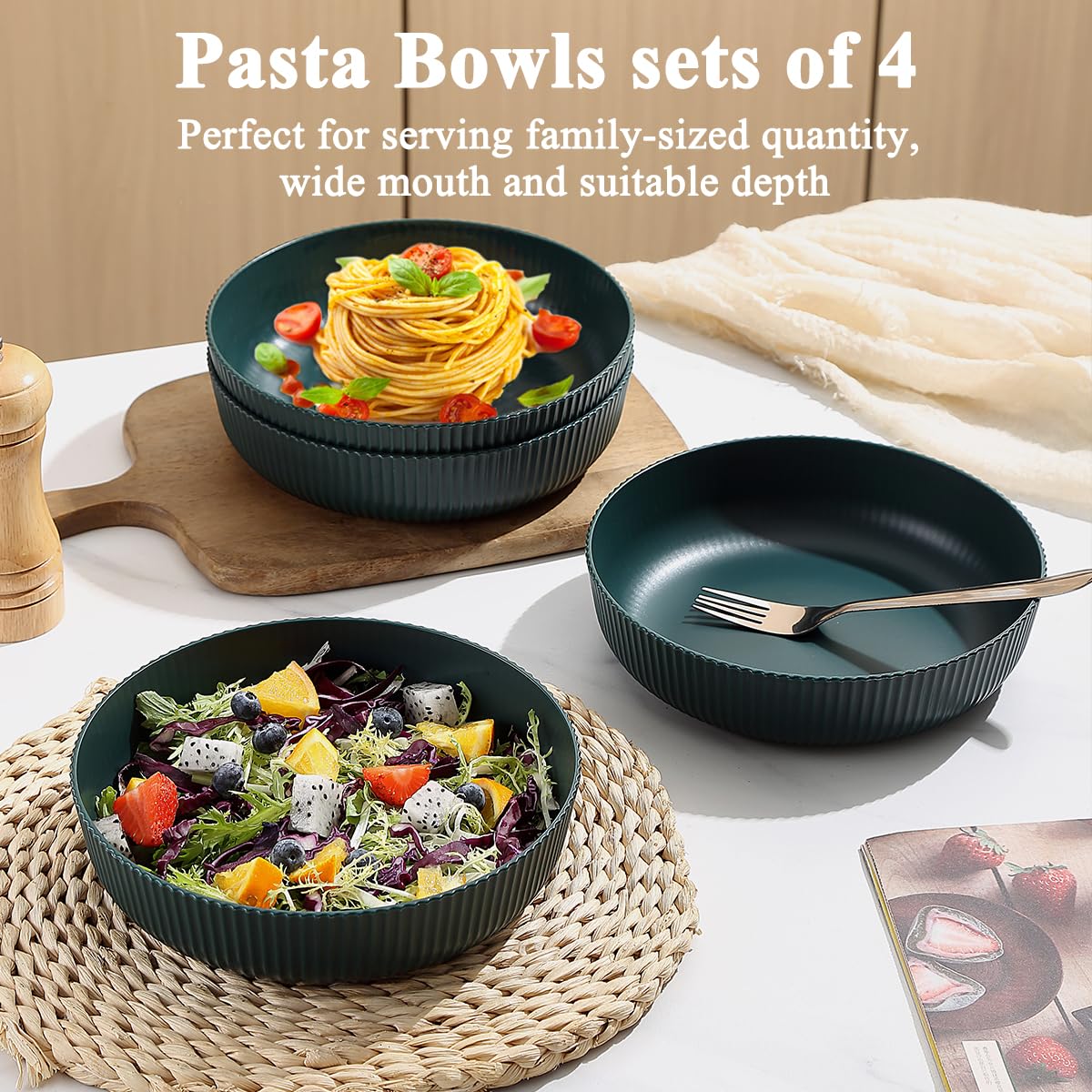 Kyraton dark green bowls during salad serving; BPA-free and dishwasher safe.