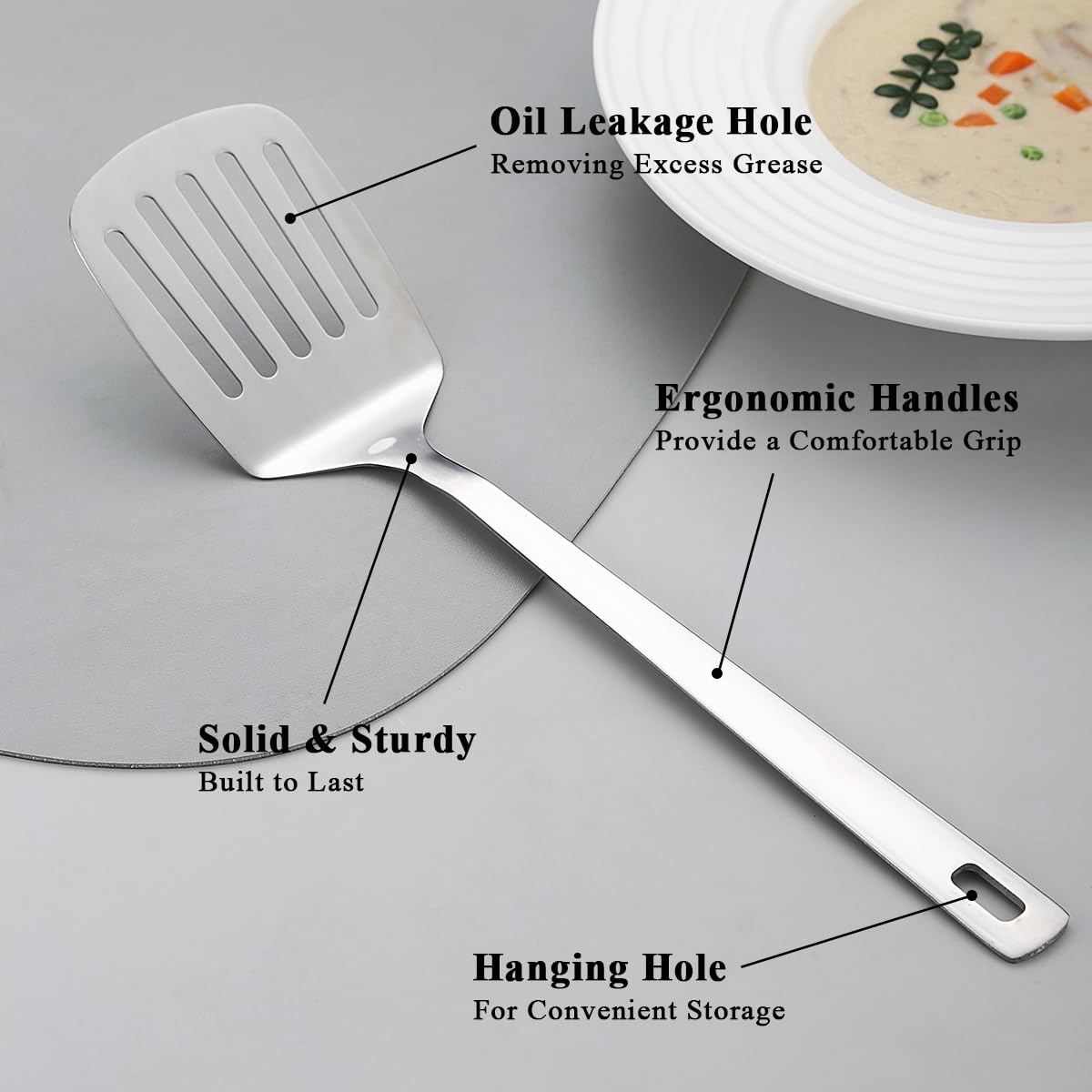 Kyraton ladle pouring soup with smooth, controlled flow