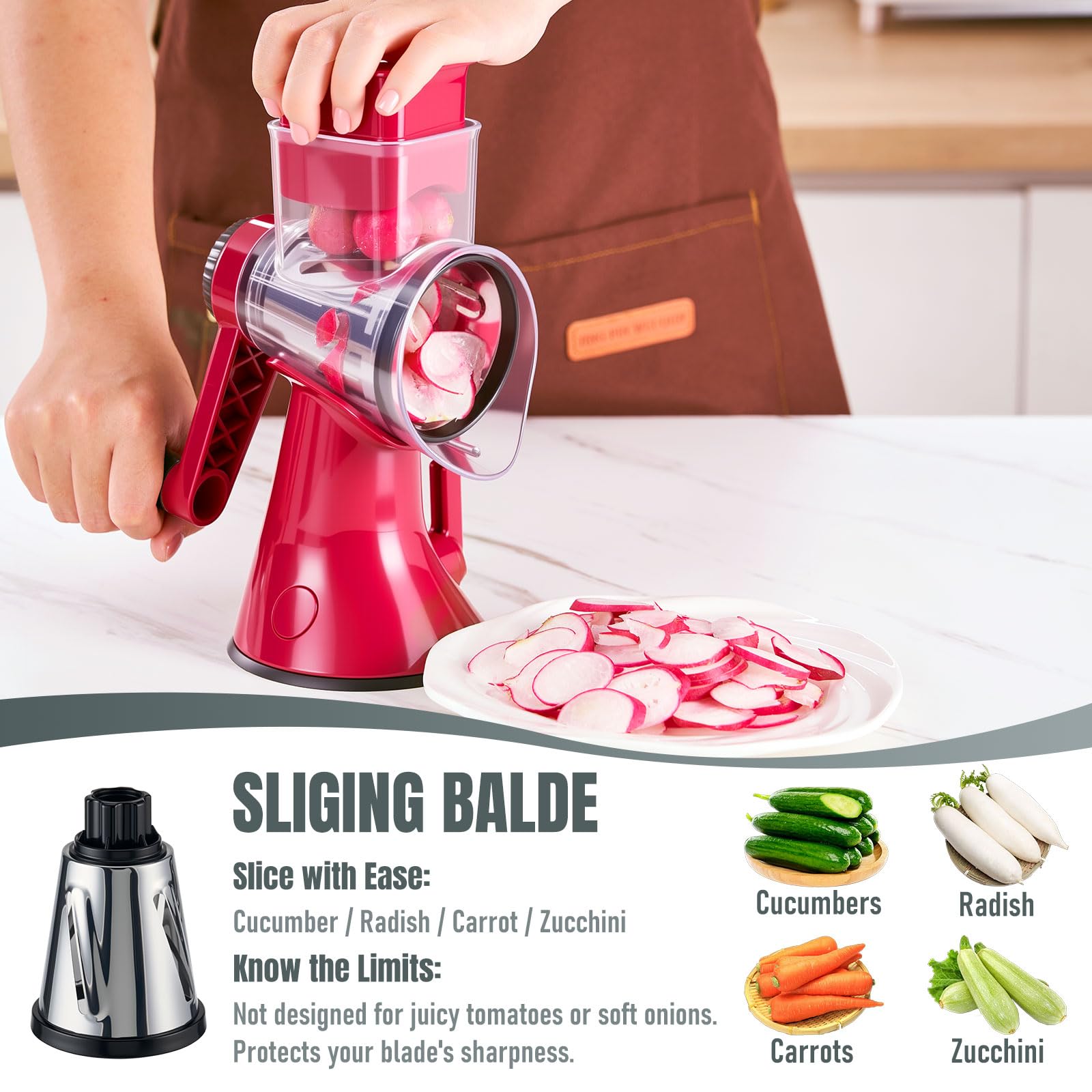 KYZ hand crank in action delivering fast shredding of cheese