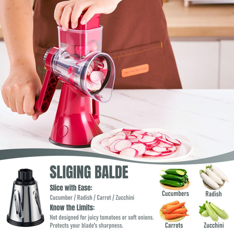 KYZ hand crank in action delivering fast shredding of cheese