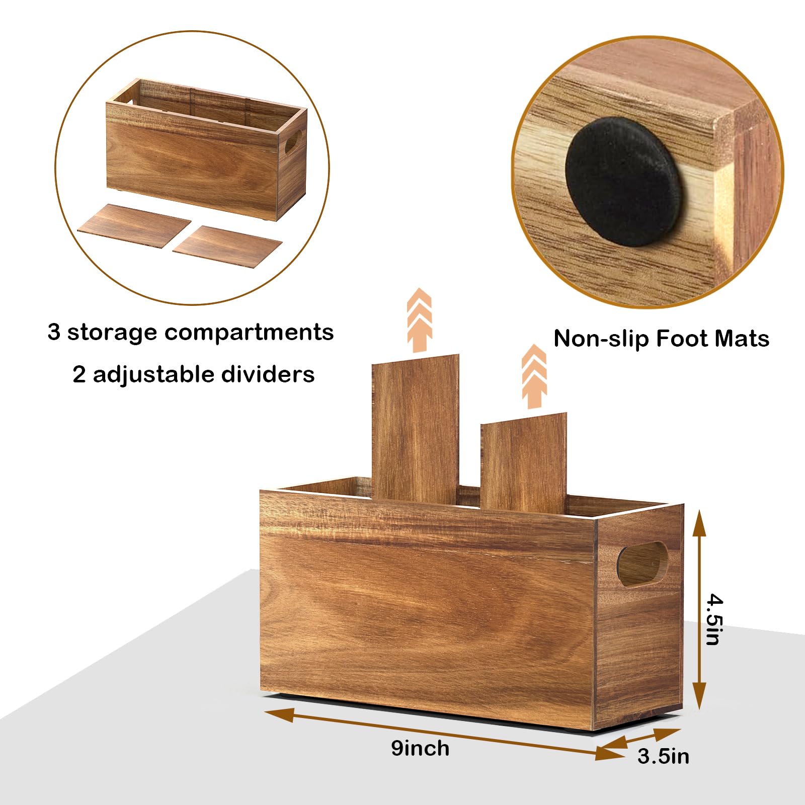 KZLCAKK acacia wood organizer showing three compartments for utensils