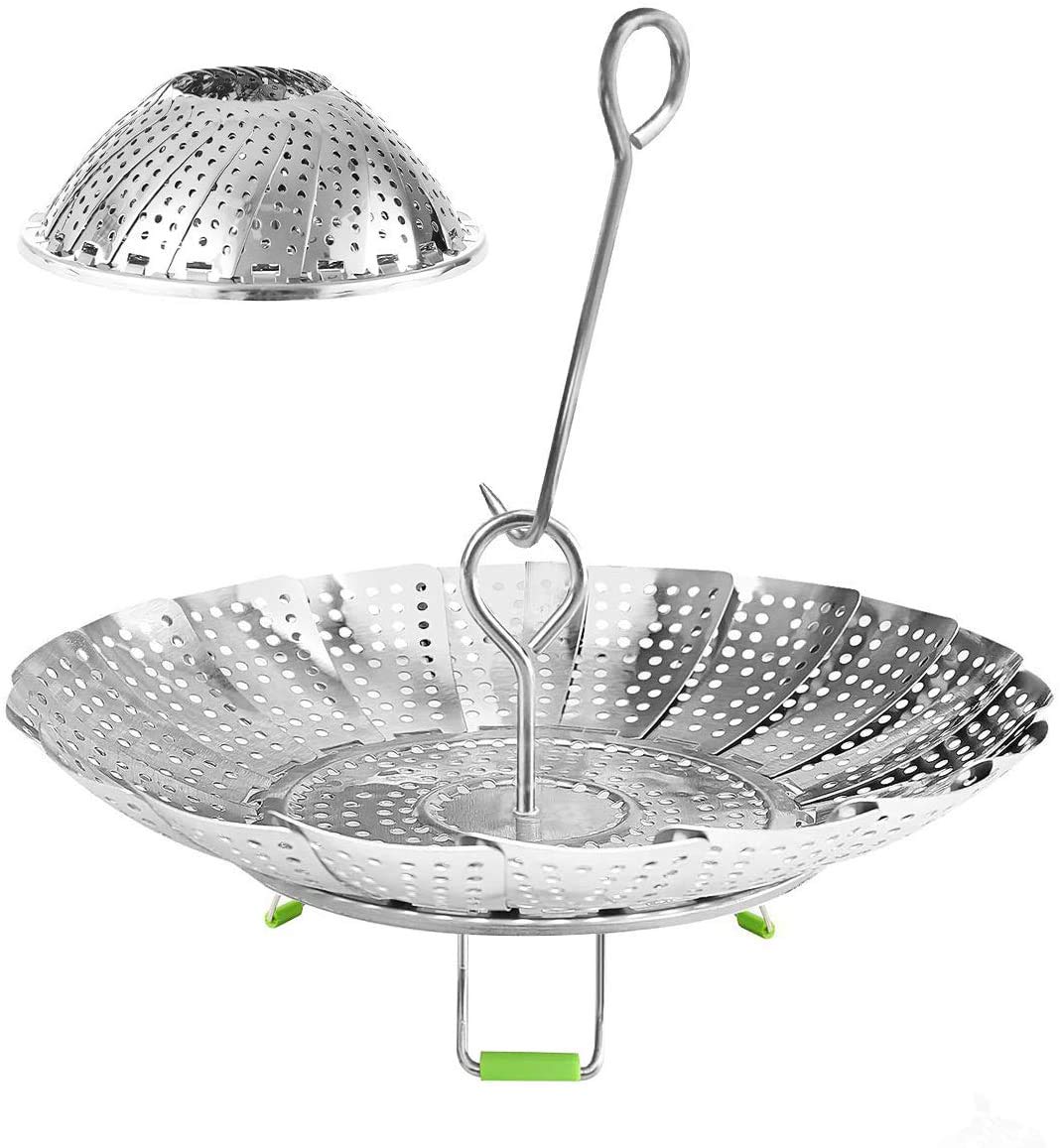 KZNXCVI steamer basket with adjustable sizes fits multiple pots for versatile steaming.
