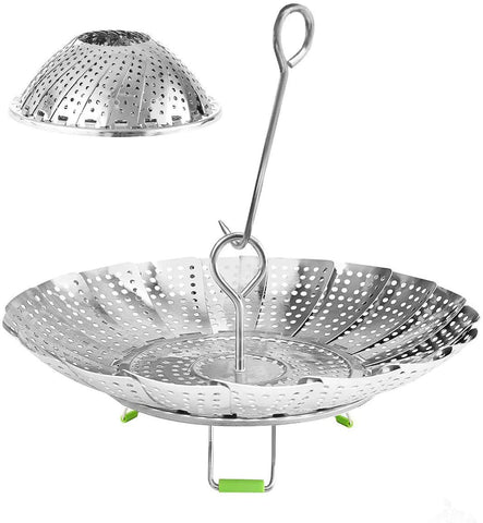 KZNXCVI steamer basket with adjustable sizes fits multiple pots for versatile steaming.