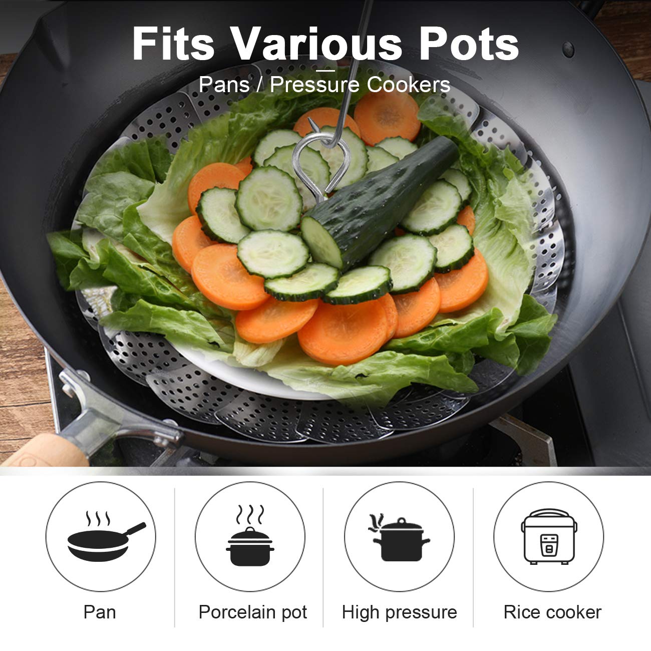 KZNXCVI steamer basket expands to fit 9.5 inch pots for larger meals.