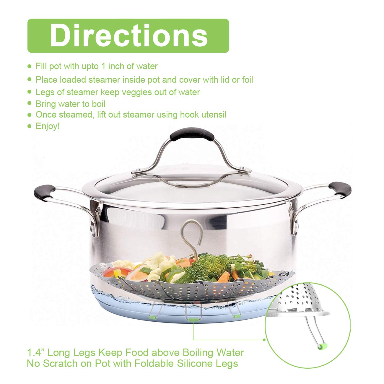 KZNXCVI steamer basket safety-hook protects hands from steam during use.