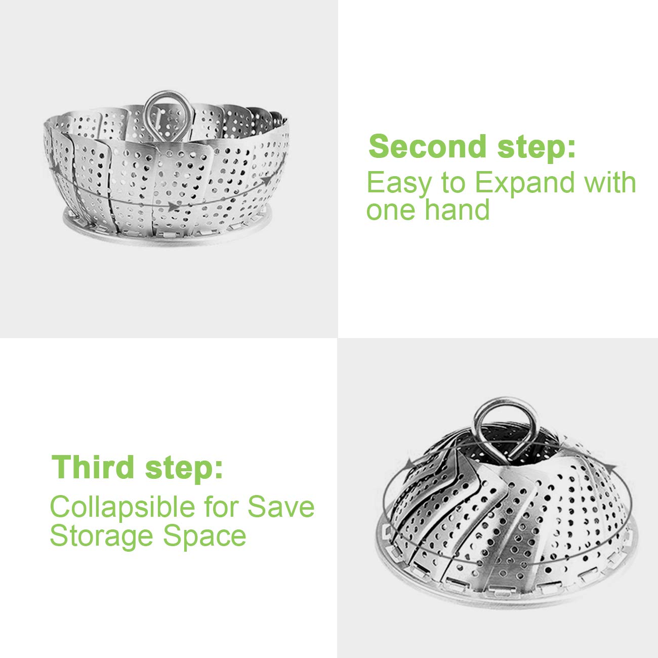 KZNXCVI steamer basket doubles as a cooling rack for foods after cooking.