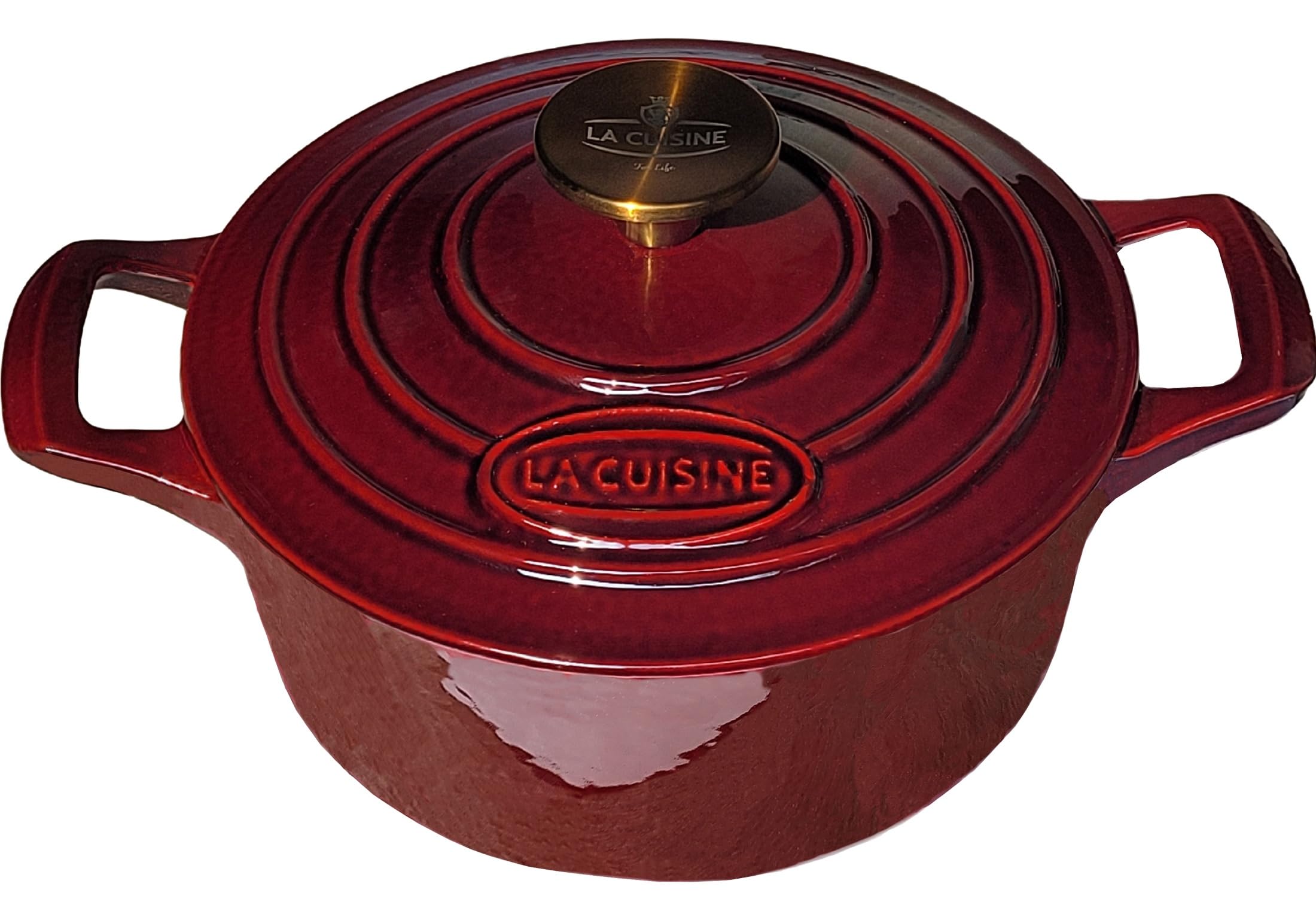 La Cuisine enameled cast iron dutch oven with cranberry lid for durable, elegant serving