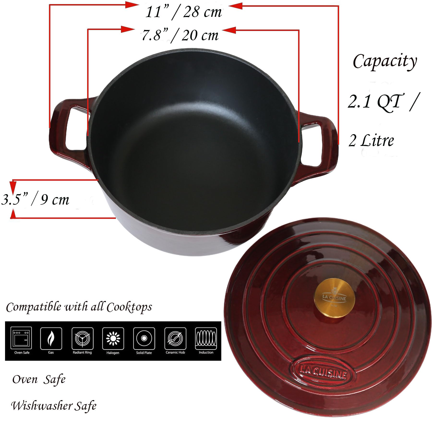 La Cuisine exterior cranberry finish on a table-ready dutch oven for versatile cooking
