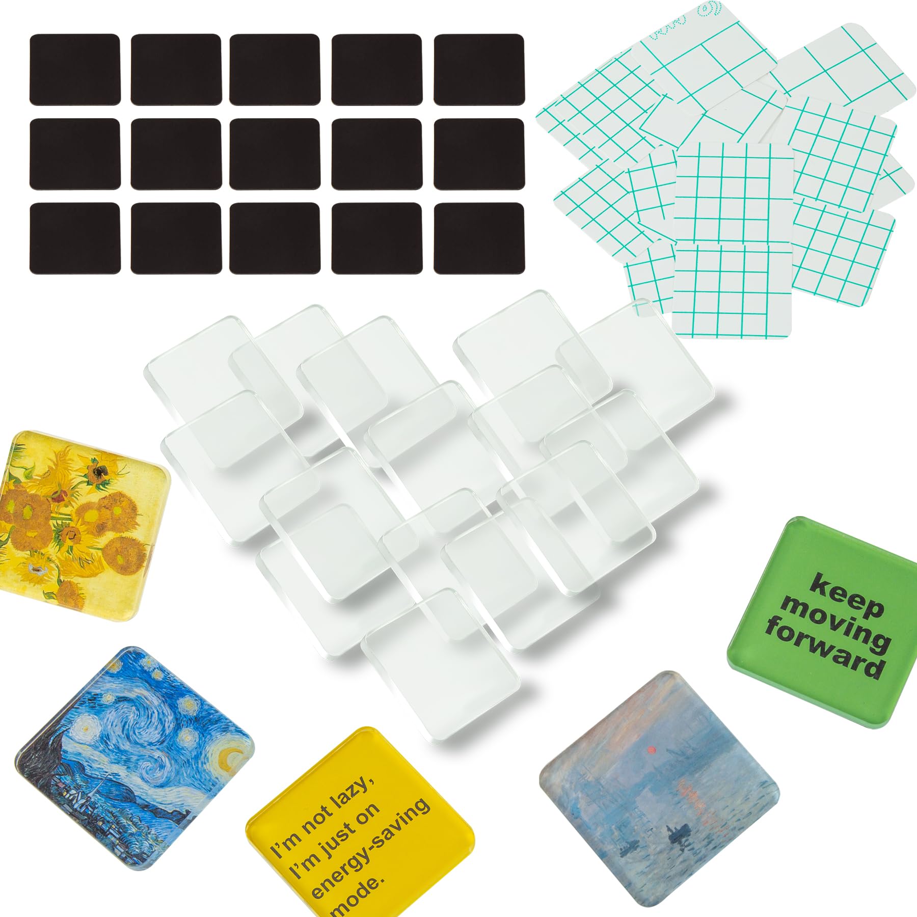 La Sheer fridge magnet kit contents: acrylic squares for custom home decor.