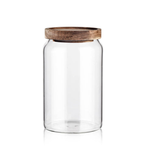 Labina glass storage container with wood lid and wide mouth for easy pouring.