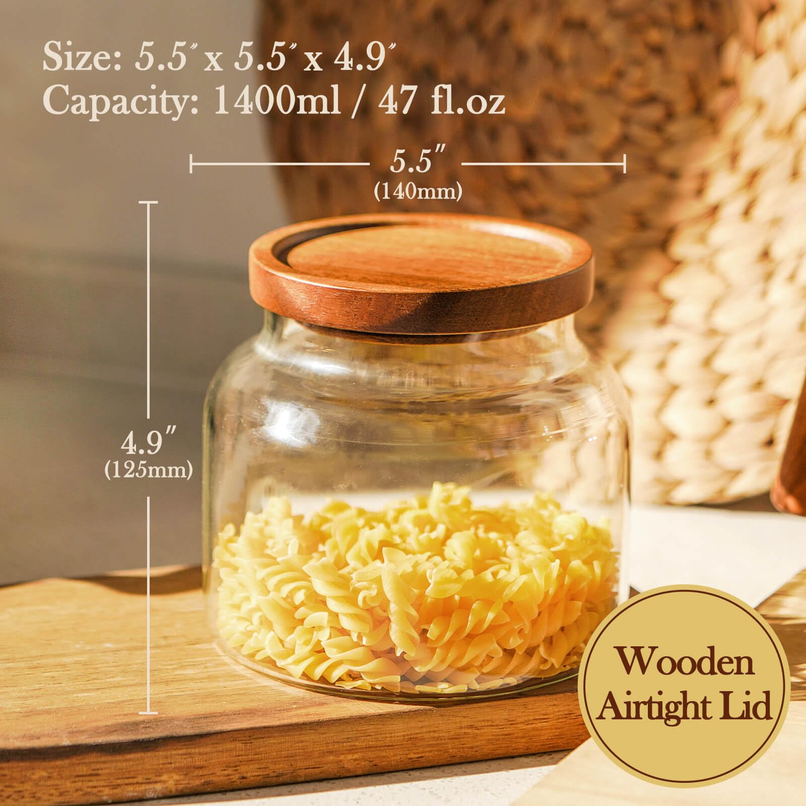 Wide-mouth Labina glass storage jar ideal for easy pouring of pasta and snacks.