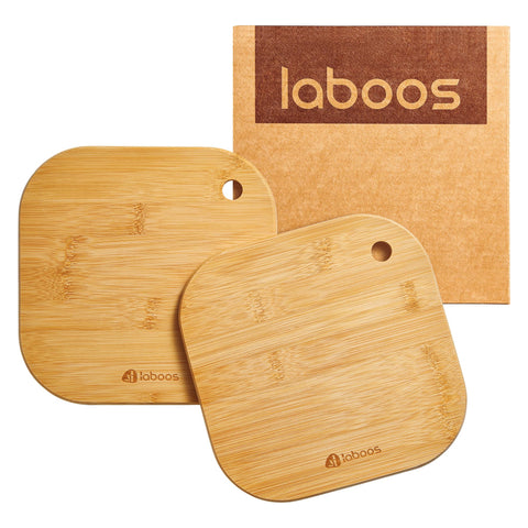 Laboos bamboo mini cutting board close up smooth surface ideal for fruit prep.
