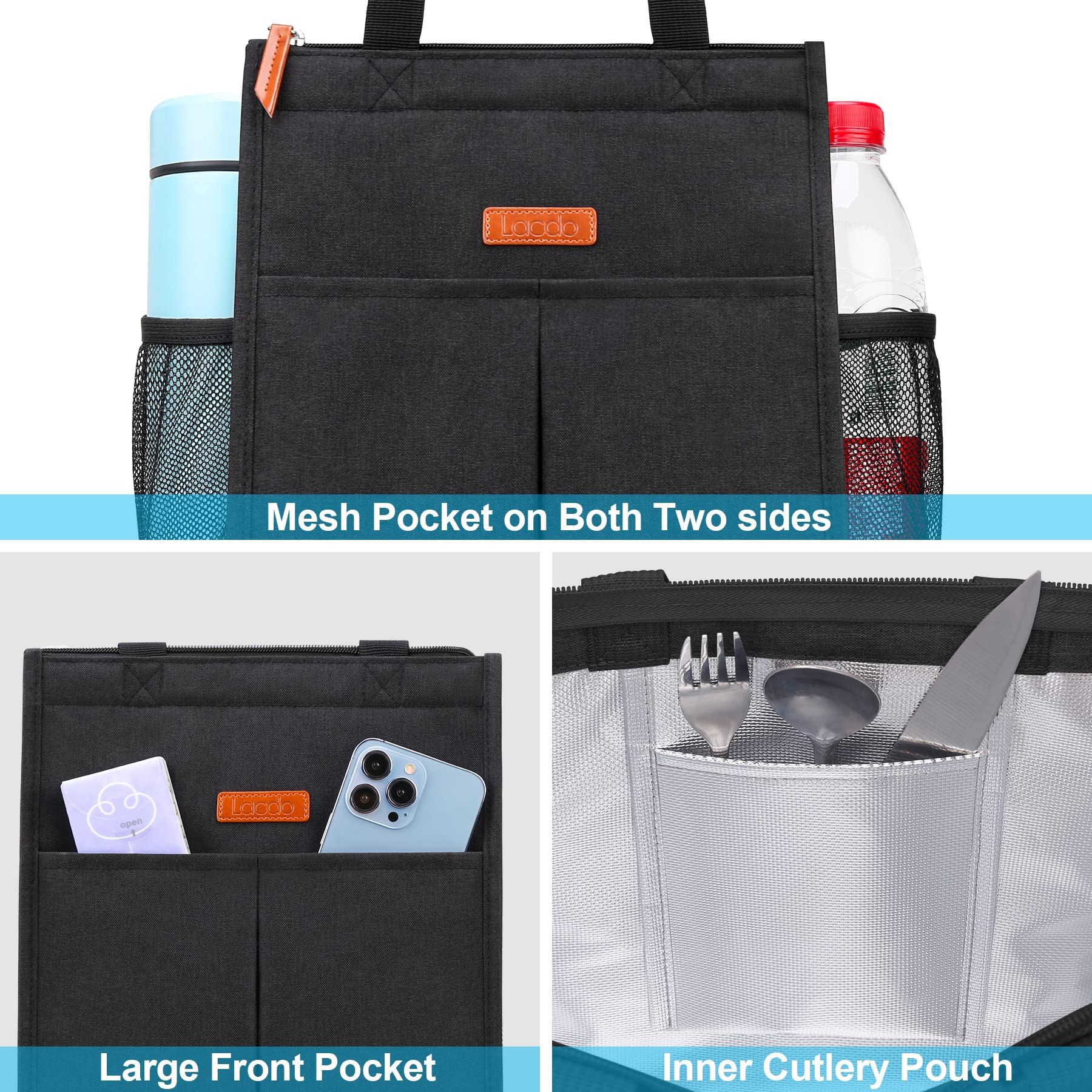 Lacdo lunch bag side mesh pocket fits a water bottle securely
