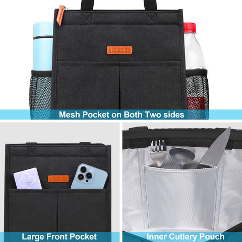 Lacdo lunch bag side mesh pocket fits a water bottle securely