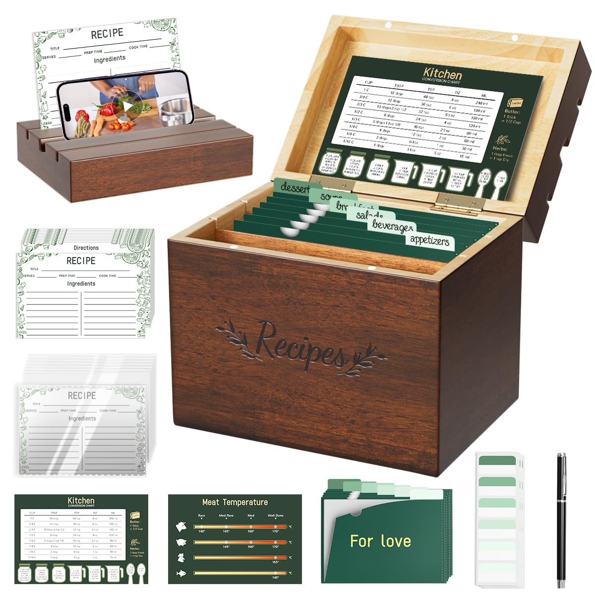 LACRTOPE wooden recipe box set front view shows durable craftsmanship for treasured family recipes.