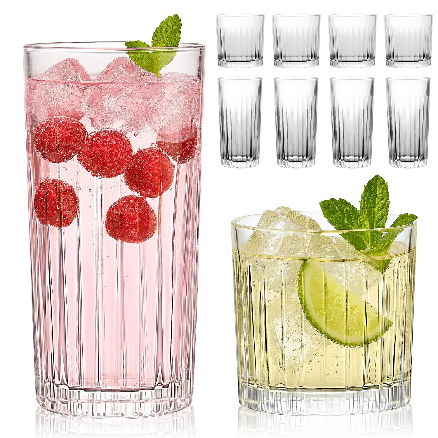 Laerjin two-size highball glasses showcase crystal clarity for juices and cocktails.